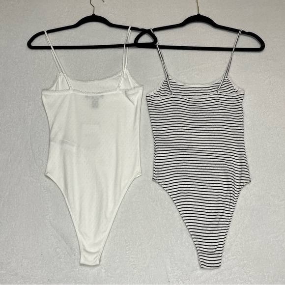 FOREVER 21 Pointelle Knit Bodysuit Bundle 1) White 2) White black Stripes Small - Picture 2 of 10